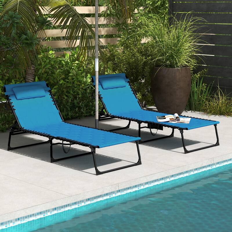 Folding Tanning Chair Set of 2, Outdoor Recliner Lounge Chairs with Pillow, Storage Pocket & Adjustable Backrest