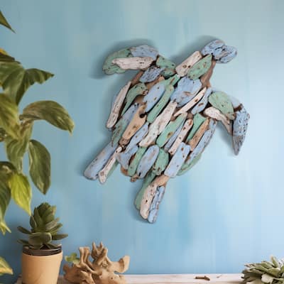 Sagebrook Home 13"Lx15"Wx2"H, Multi, Handcrafted Driftwood Turtle Figurine, Multicolored Coastal Decor - 13" x 15" x 2"