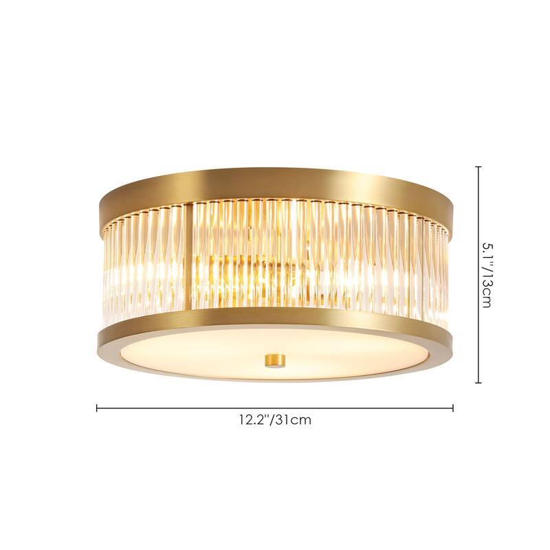 12.20 in. 3-Light Modern Industrial Round Drum Flush Mount Ceiling Light with Clear Glass Rods