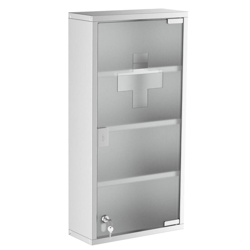 Silver Stainless Steel Medicine Cabinet with Tempered Glass Door and Lock - 11.75" W x 4.75" D x 23.5" H - Silver