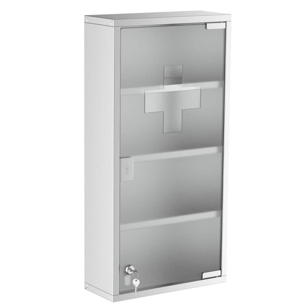 Silver Stainless Steel Medicine Cabinet with Tempered Glass Door and Lock - 11.75" W x 4.75" D x 23.5" H