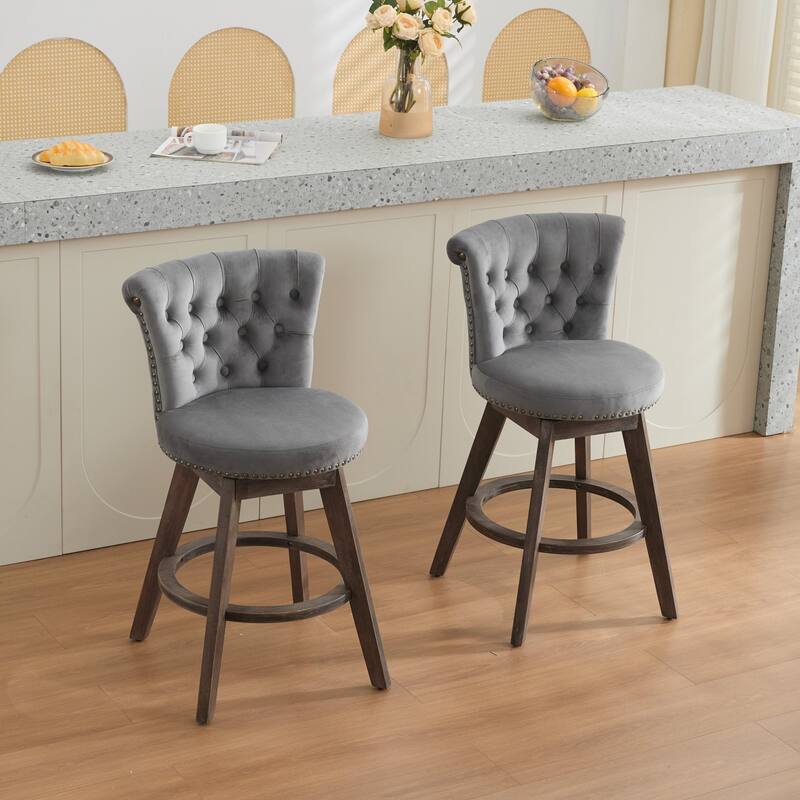 Velvet Upholstered Counter Height Bar Stools Set of 2, Tufted Button Swivel Bar Stools, Kitchen Counter Stools with Wood Legs