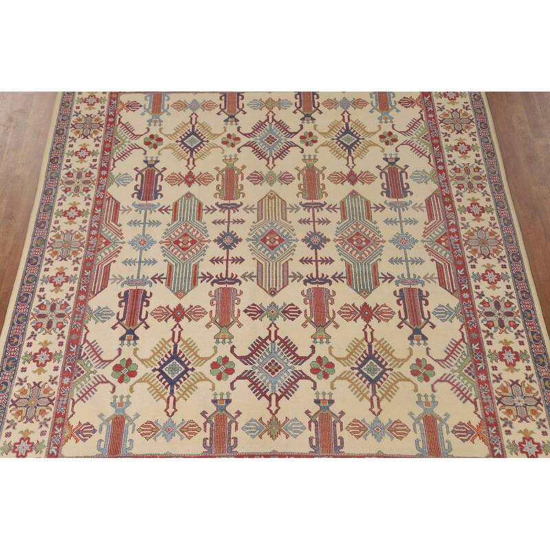 Geometric Beige Kazak Oriental Area Rug Hand-Knotted Wool Carpet - 8'2"x 9'9"