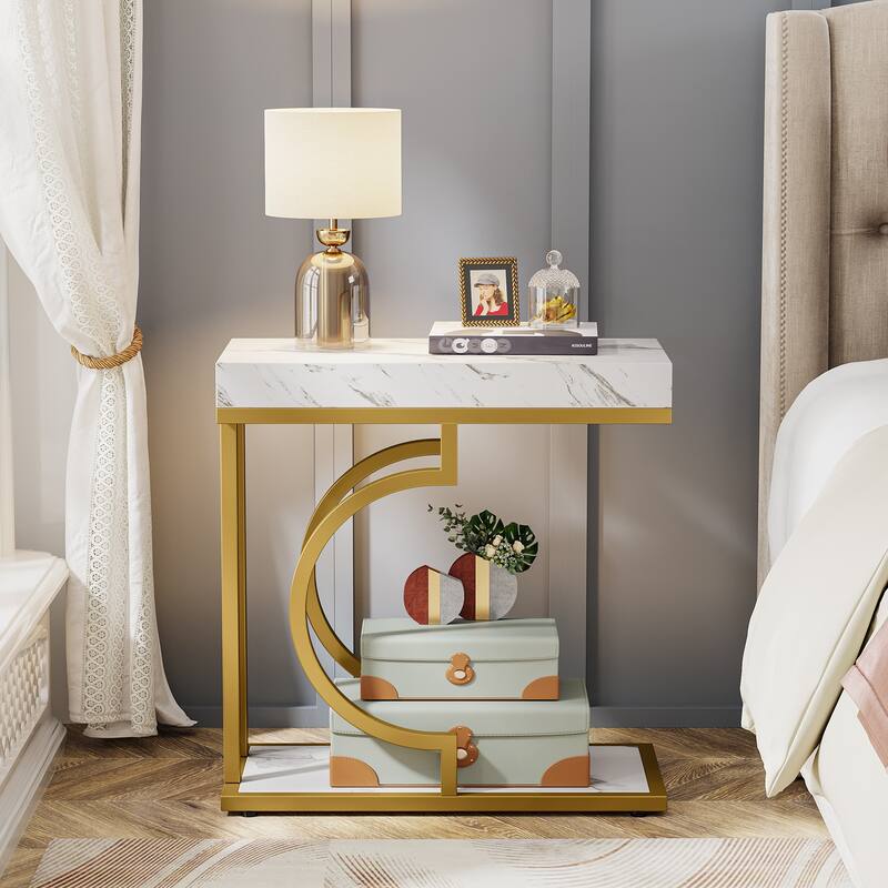 Narrow Side Table C Shaped End Table for Living Room