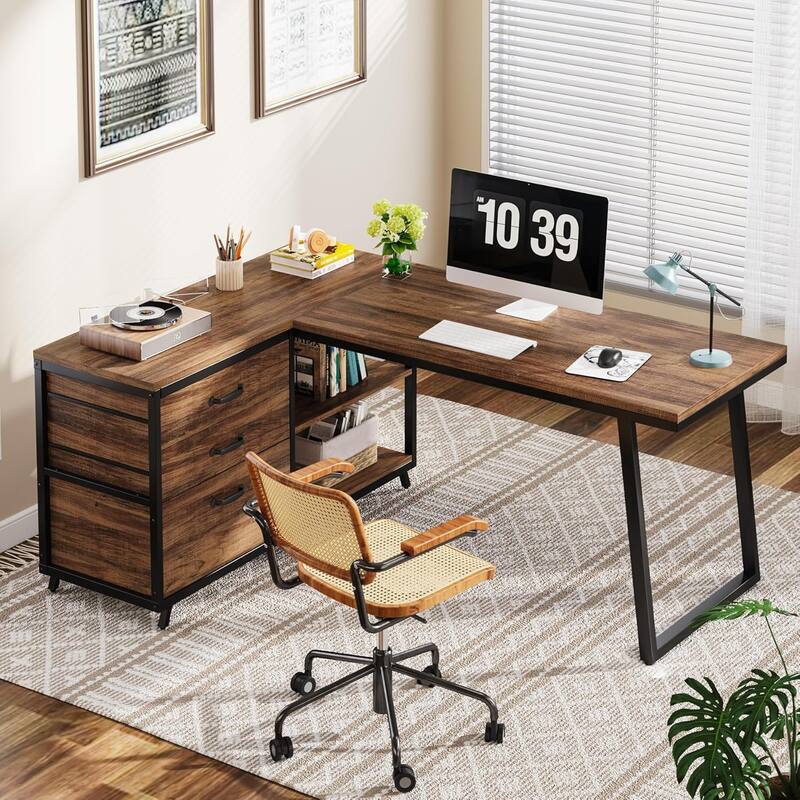 53" Reversible L-Shaped Computer Desk with 3 Drawers and Storage Shelves, Rustic Brown