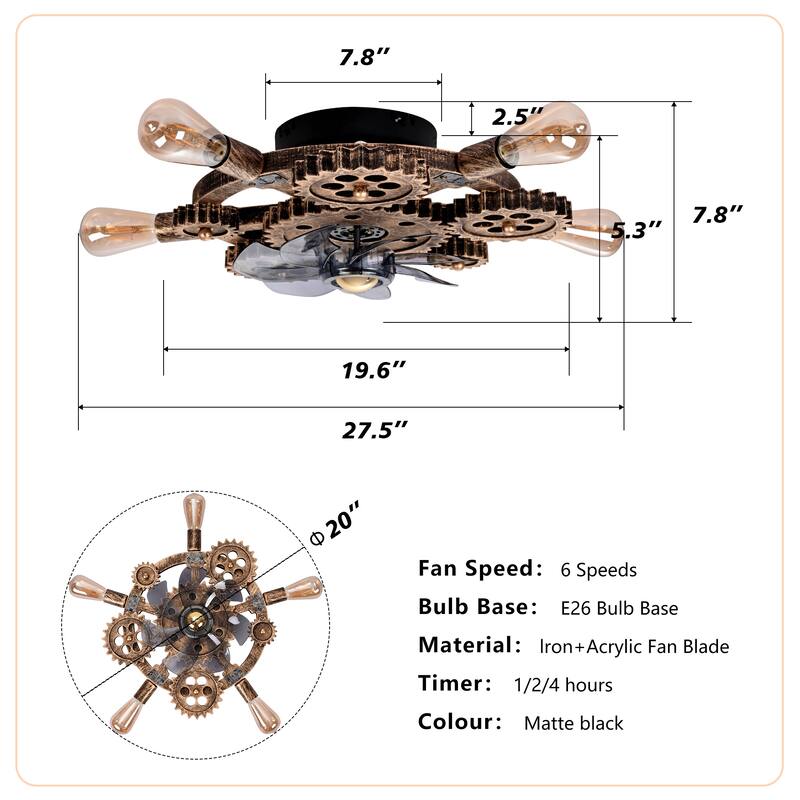 19.6" Industrial Farmhouse Ceiling Fan with Light & Remote,NOT Included Bulbs