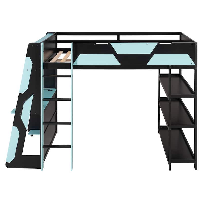 Full Size Gaming Loft Bed Station with Desk, Storage Shelves & RGB LED Lights