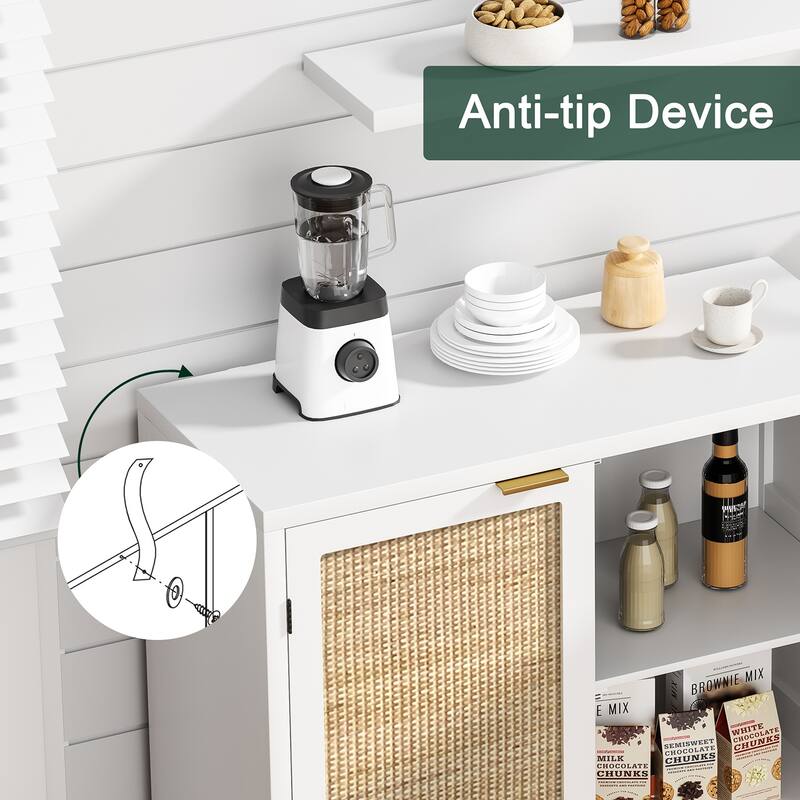 Modern 2-Door White Rattan Buffet Sideboard Wood Kitchen Accent Storage Cabinet