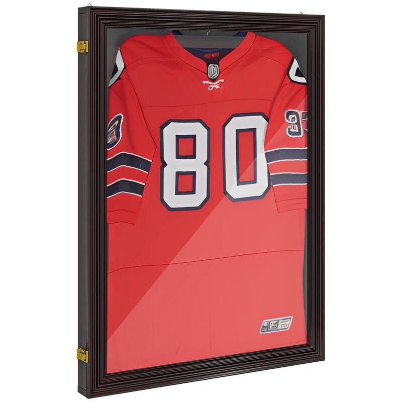 HOMCOM 24" x 32" Jersey Frame Display Case, UV-Resistant Jersey Shadow Box with 2 Keys, Hanger, Cherry Brown