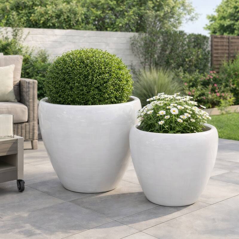Garden Planter Set of 2, Modern Bowl Shaped Flower Pot, White Ceramic