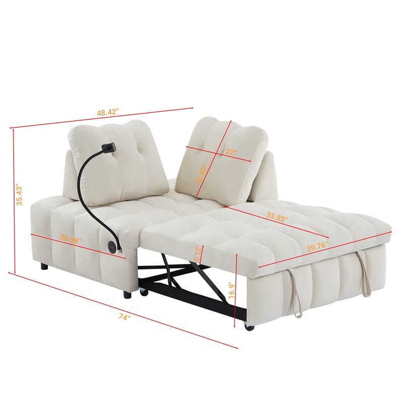 Velvet Pull Out Sofa with Removable Backrest,USB Port and Phone Stand