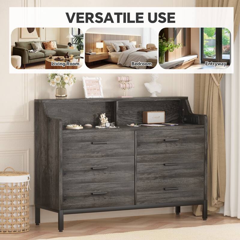 6 Drawers Dresser with Charge Station and LED Light, Closet Organizer for Bedroom