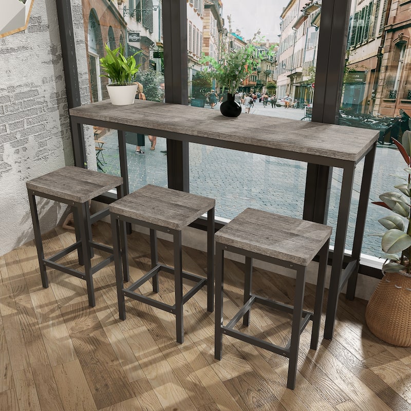 Long Dining Table Set with 3 Stools Pub Kitchen Set Side Table with Footrest