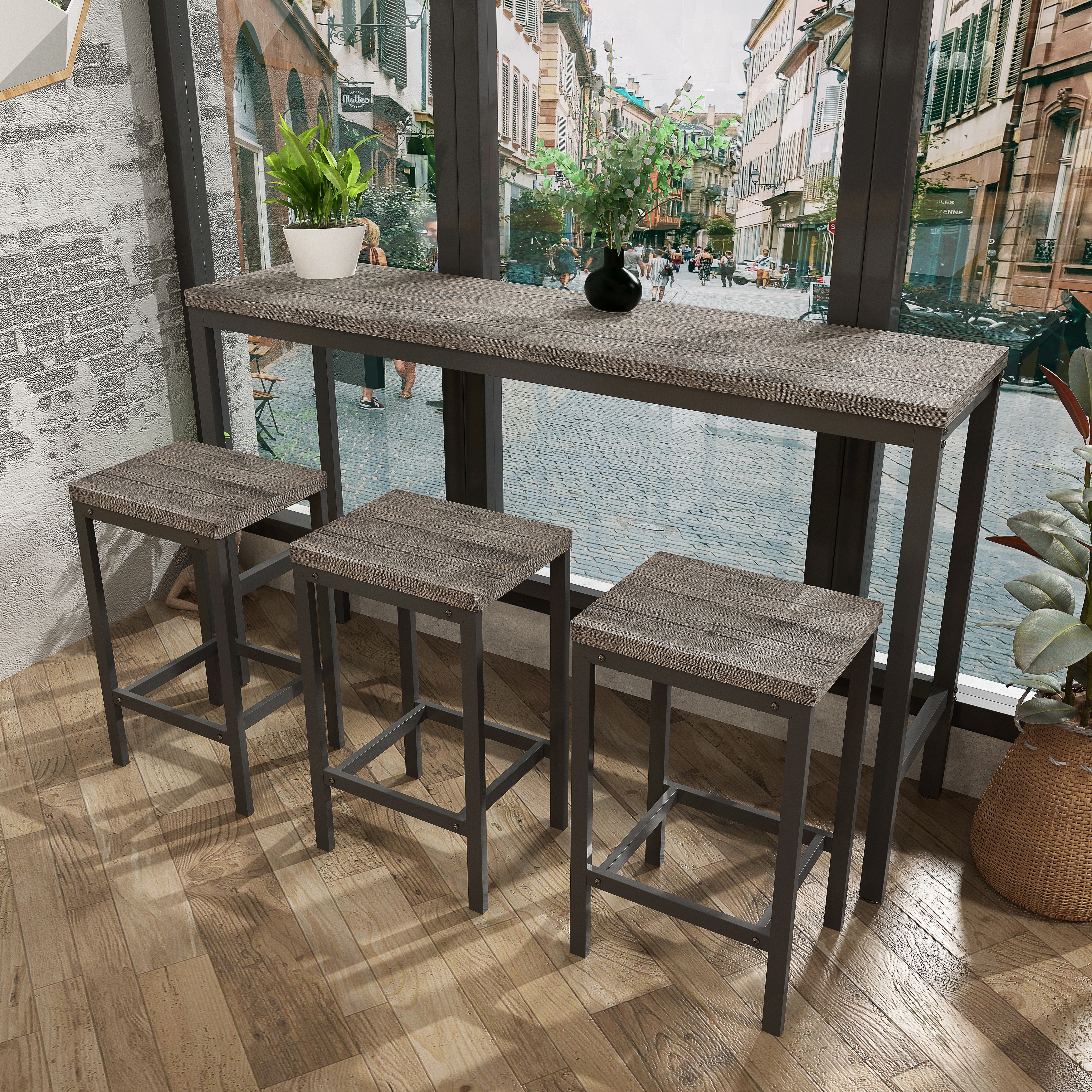 Long Dining Table Set with 3 Stools-image