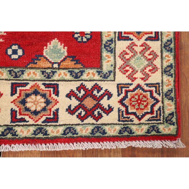 Kazak Accent Rug Hand-Knotted Geometric Red Wool Carpet - 2'10" x 4'1"