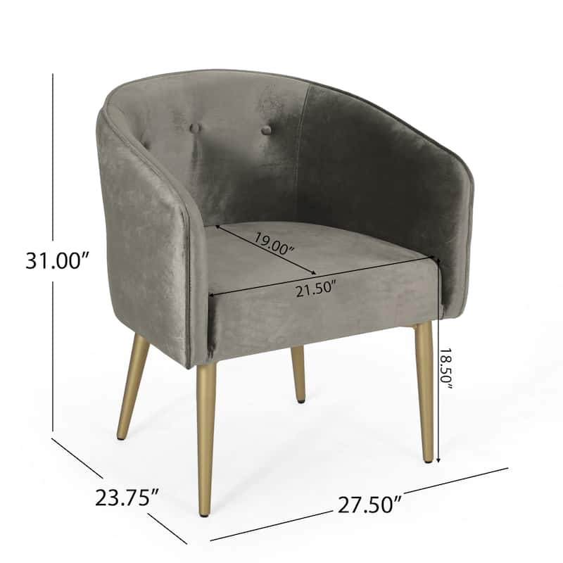 Dining Armchair, Round Button Tufted Backrest, Gray Velvet, Gold Legs