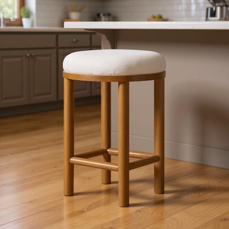 HomeRoots 27" White and Natural Boucle and Solid Wood Backless Counter Height Bar Chair - Counter Height - White - Single