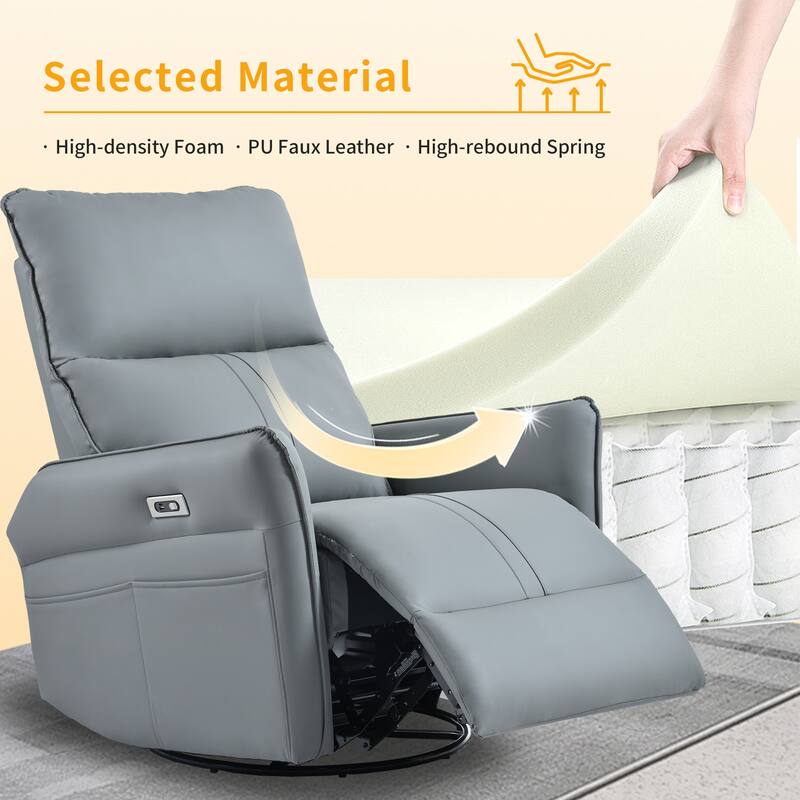 Power 270° Swivel Rocker Recliner Chair with USB Ports, Electric PU Small Recliners for Small Spaces