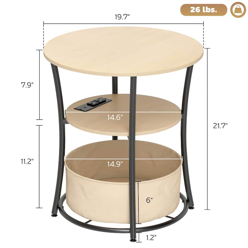 HOMCOM Round Side Table with Charging Station, 3-Tier End Table with Fabric Storage Bag, Shelf and Steel Frame for Living Room