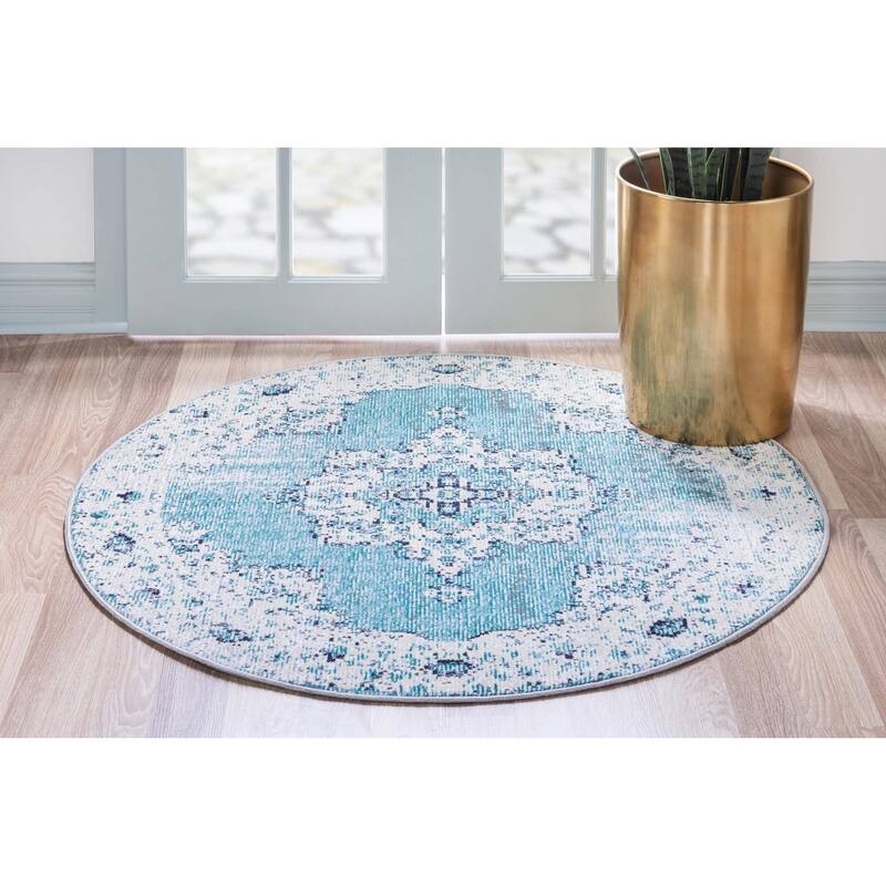 Transitional Kosmas Collection Area Rug - Turquoise - 7' Round