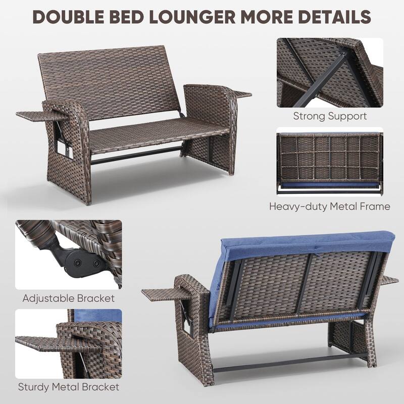 Chaise Lounge Outdoor Double PE Wicker Rattan Patio Reclining Chair - Brown