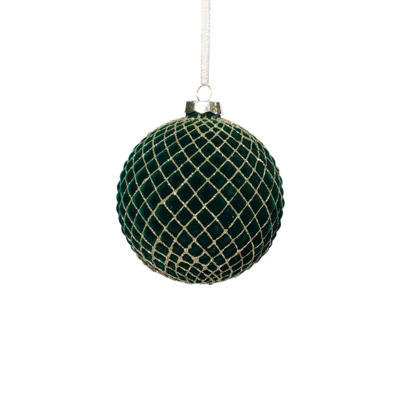 Flocked Glass Ball Christmas Ornaments with Gold Accents, Set of 6, 4" - Green