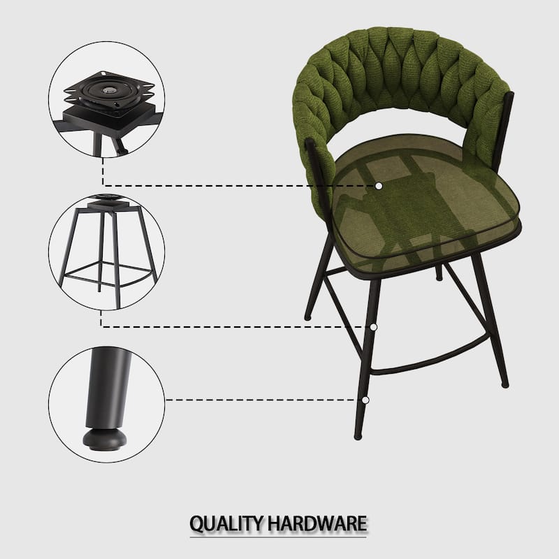 26" Bar Chair Linen Woven Bar Stool Set of 2, No Adjustable Kitchen Island Chairs, 360 Swivel Upholstered Bar Stools