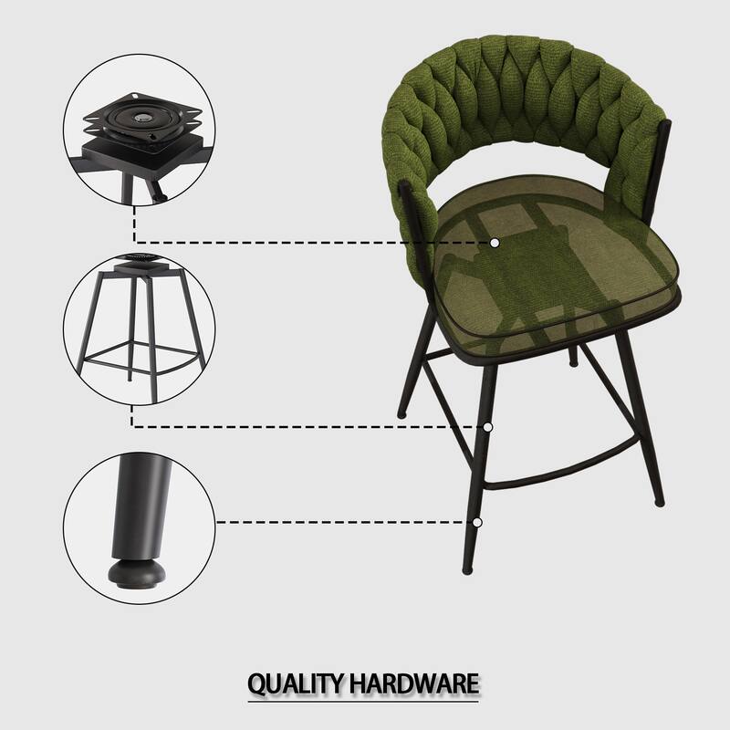 Suede Woven Bar Stool Set of 4, No Adjustable Kitchen Island Chairs,360 Swivel Upholstered Counter Stool with Back Footrest