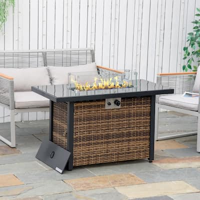 Outsunny Outdoor Propane Gas Fire Pit Table, 50,000 BTU Electric Ignition Gas Firepit with Glass Cover, Brown