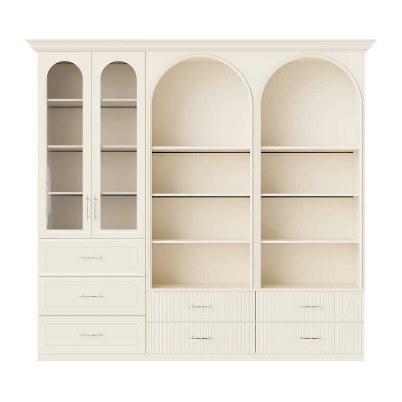 Modular Bookcase with LED Lights, Glass Door Storage Cabinet with Drawers, Large Display Shelving Unit Sideboard