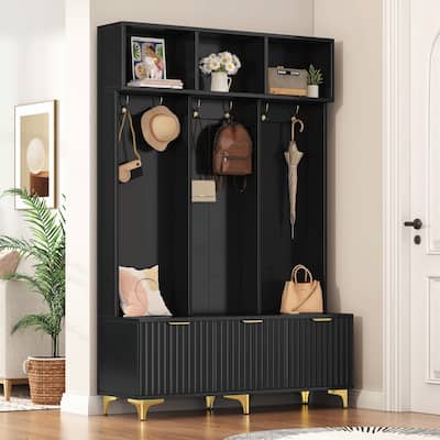Modern Storage Hall Tree with Bench - Glossy Doors, 6 Gold Hooks