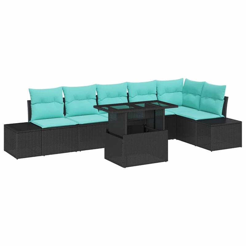 vidaXL 7 Piece Garden Sofa Set with Cushions Black Poly Rattan - 125.6×60.6×27.2