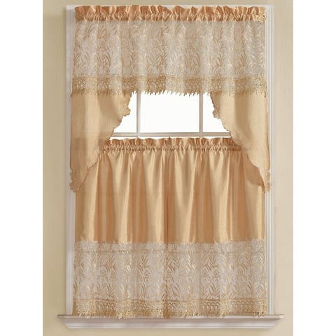 Orite 3-Piece Gold Embroidered Kitchen Curtain Set, Gold, Tiers 30x36, Swag 60x36 Inches
