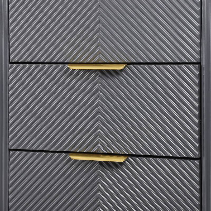 Mid-Century Fluted 3 Drawers Nightstand, Bedside Table with Curved Profile Design and Wide Gold Glossy Handles