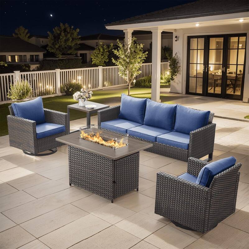 Outdoor Fire Pit Table with Patio Funiture - Brwon Wicker Blue Cushion - 5PCS Sofa Swivel Chair w/ Fire Table