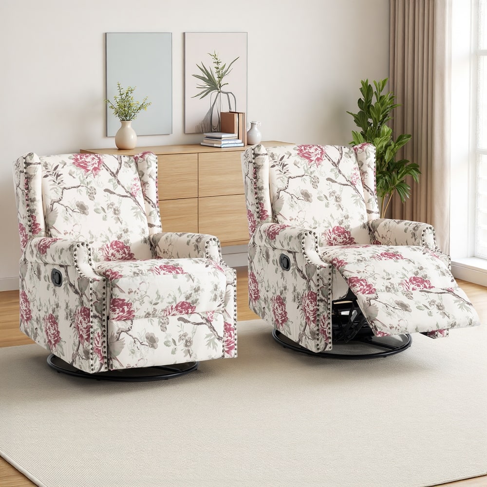 UIXE 2 Set Roderich Farmhouse Floral Print Swivel Rocker Push Back Recliner