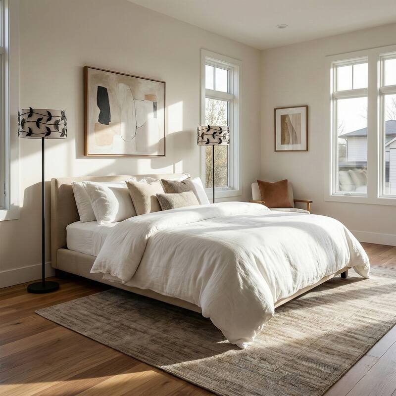 Acroma Black/Gold Leaf-Accent Fabric Shade Floor Lamp