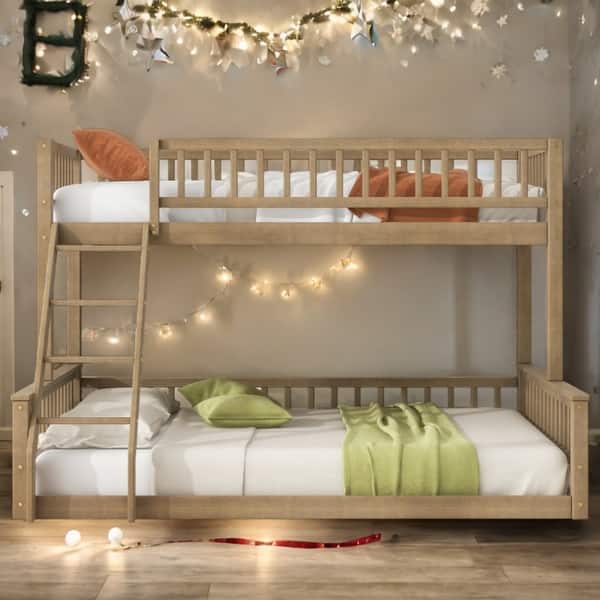 slide 2 of 22, Wooden Twin XL over Queen Detachable Bunk Bed with Ladder and Guardrails Walnut