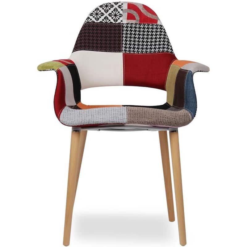 Set of 2 Fabric Patchwork Patterned High Back With Arms Accent Chairs Natural Leg Wood Dining Living Desk Designer Task