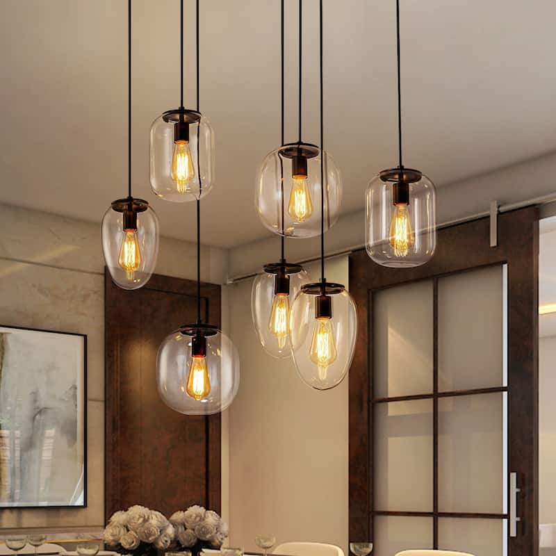 Mid-Century 7-Light Cluster Glass Globe Kitchen Island Pendant Chandelier - W35.43"
