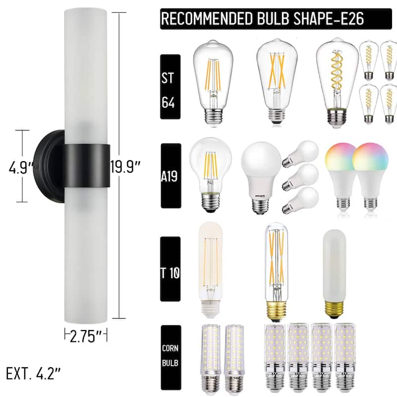 Skyros Modern Bathroom Sconces Cylinder Frosted Glass, 2-Bulbs