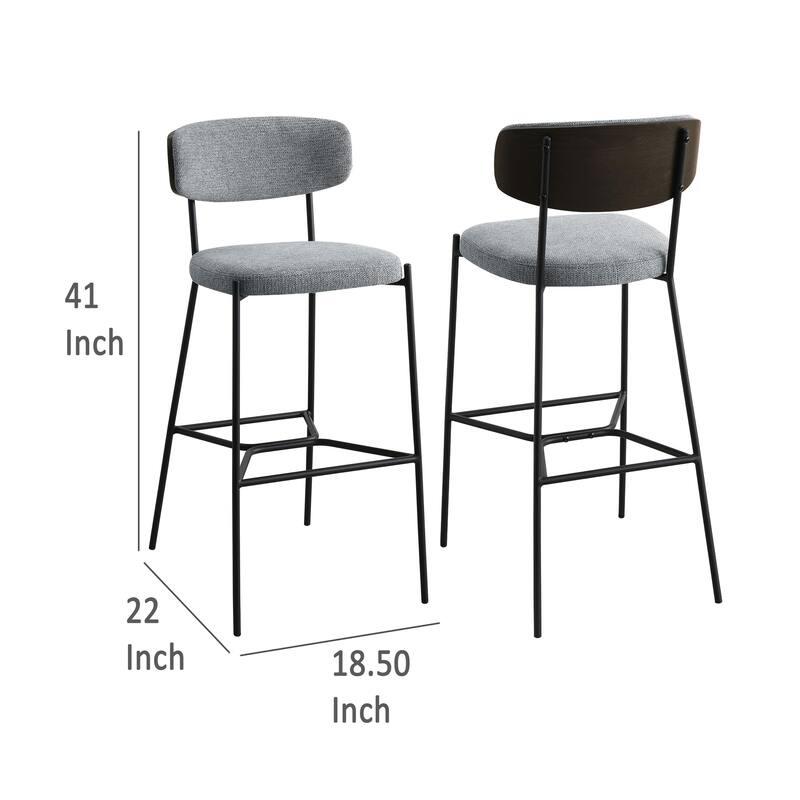 Ellina Pub Height Bar Chair Set of 2, Gray Fabric, Black Metal 30 Inch