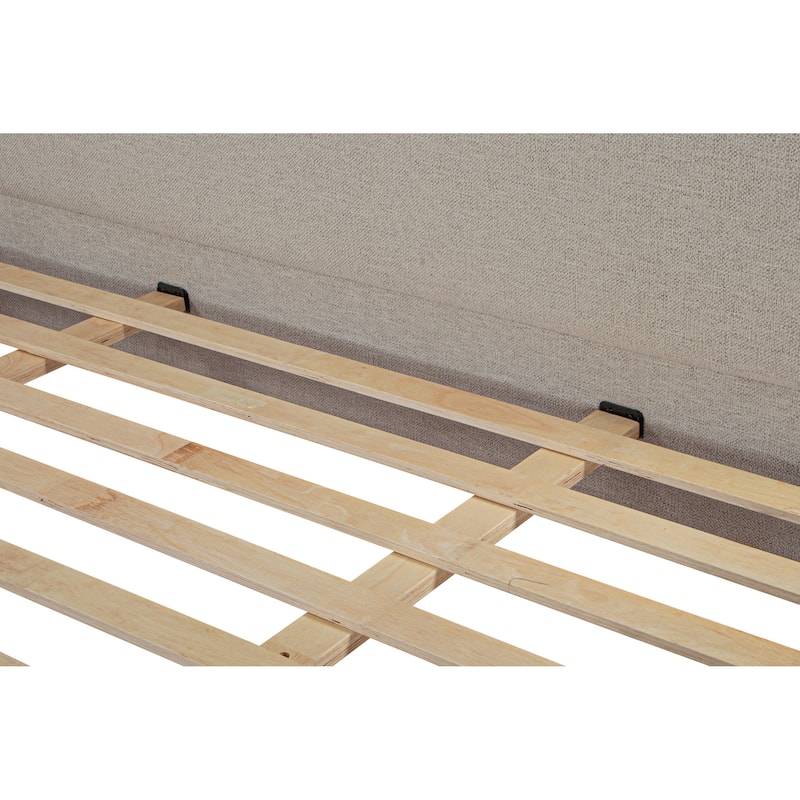 NADAAL STUDIOS Mirelda Beige Upholstered King Four-Poster Bed with Rustic Rubberwood Legs