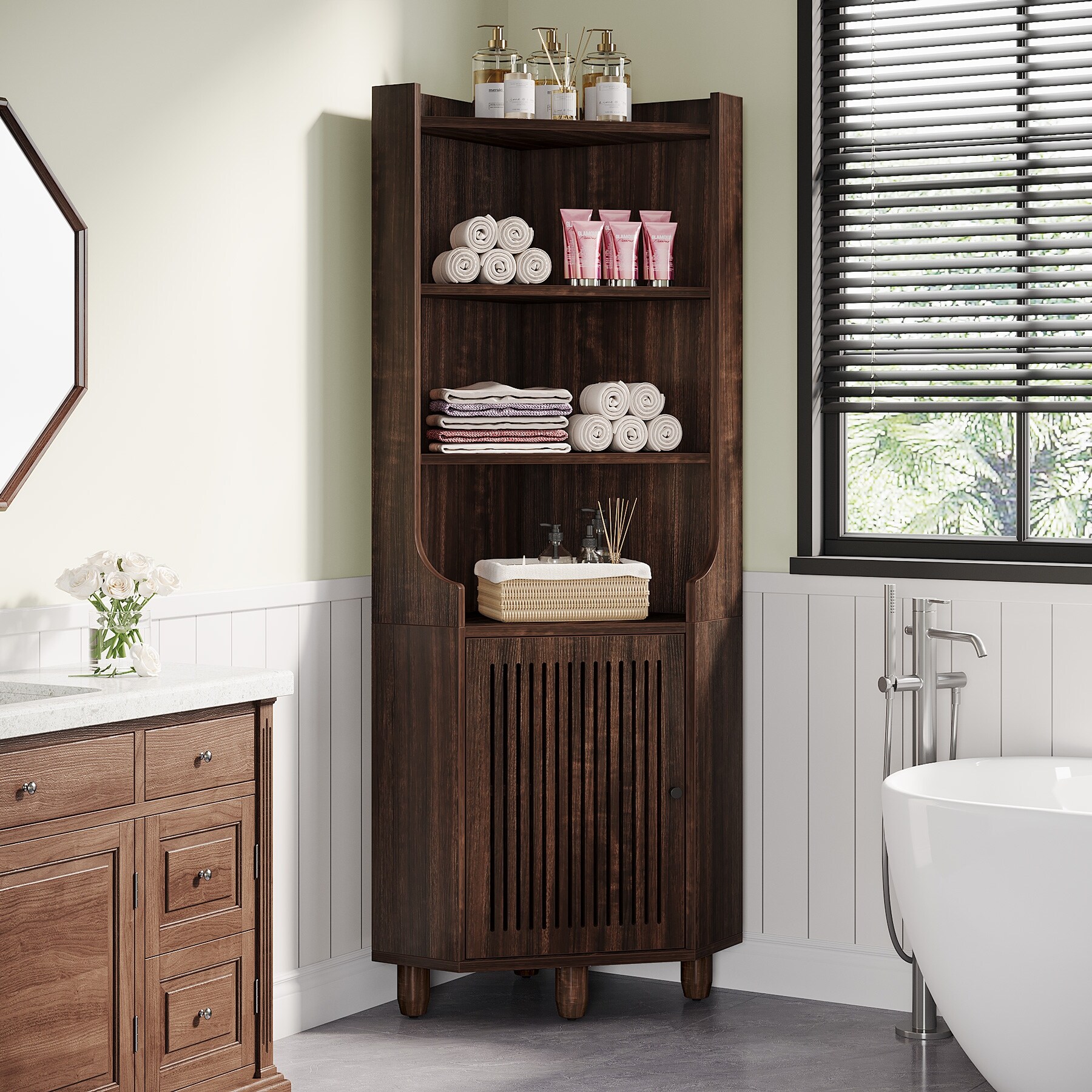 68 Inch Tall Corner Cabinet, 6-Tier Corner Shelf with Doors - On