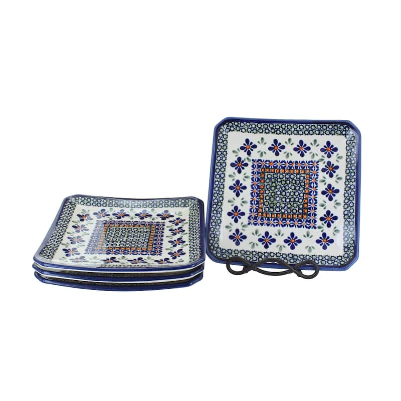 Blue Rose Polish Pottery 2040-4 Zaklady Sq Dessert Plate Set