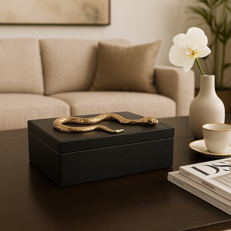 Faux Leather Storage Boxes Handles Modern Design (Set of 2) - 5" Black - 11" x 8" x 5" - Black - 11" x 8" x 5"