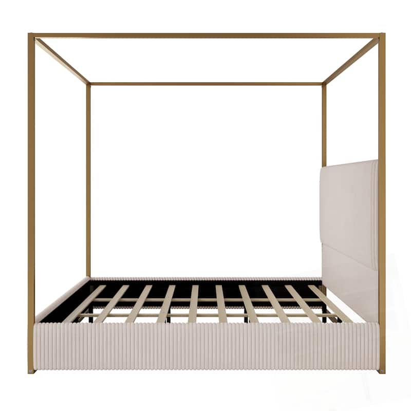Modern Metal Canopy Bed with Tall Upholstered Headboard and Gold Four Poster