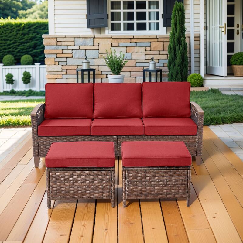 Pocassy Outdoor Brown Wicker Funitre with Cushion Set - Red Cushion - 3-Seat Sofa with Ottoman Set