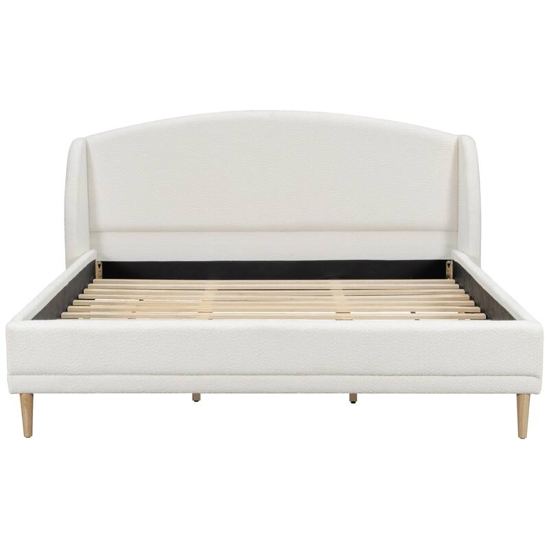 King/Queen Upholstered Bed Frame with Boucle Fabric and Wingback Headboard, Solid Wood Legs, No Box Spring Needed