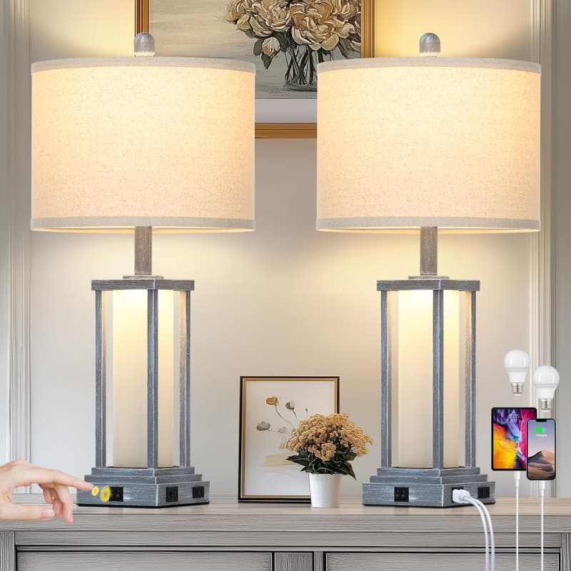 27" Grey Industrial Table Lamps with USB-C Charging, Dual Lighting(Set of 2) - 12.5'' x 12.5'' x 27'' - Grey - 12.5'' x 12.5'' x 27''